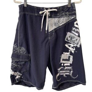 Y2K Billabong Swim Trunks Size 33 Navy Blue Graphic Surf Shorts Cargo Pocket